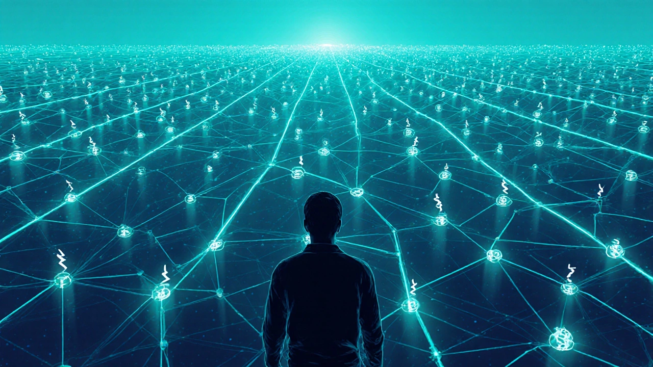 Abstract network of neon paths and lightning bolts representing fee‑only mining.