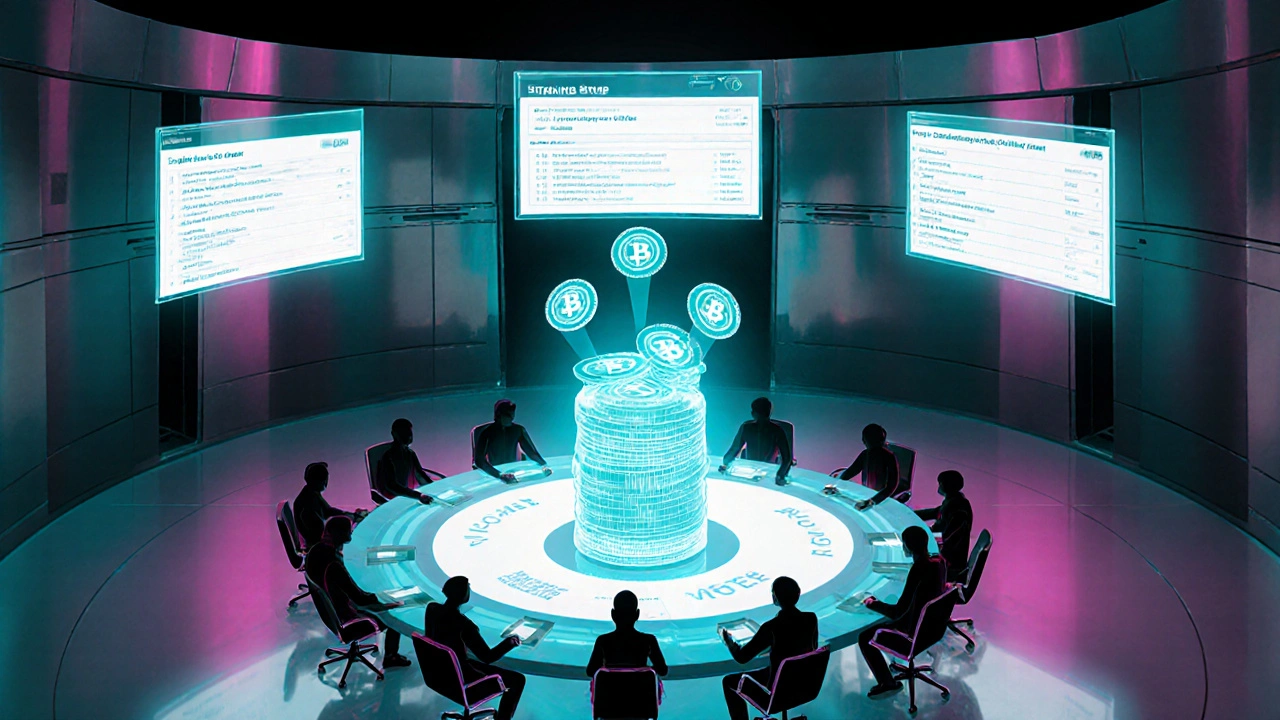 Futuristic DAO council with holographic voting panels and tokens being staked.