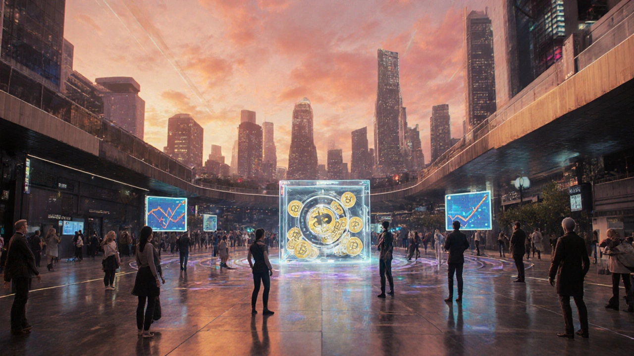 Futuristic plaza with holographic screens, a glowing crypto vault, and avatars under a sunset skyline.