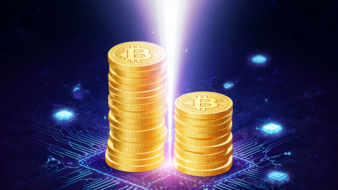 Illustration of a Bitcoin stack being cut in half to show halving effect.