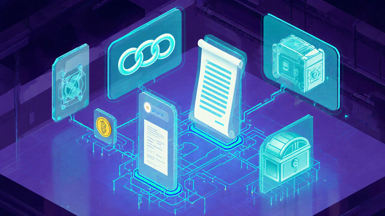 Isometric view of holographic panels showing blockchain, smart contract code, token, voting, and treasury vault.