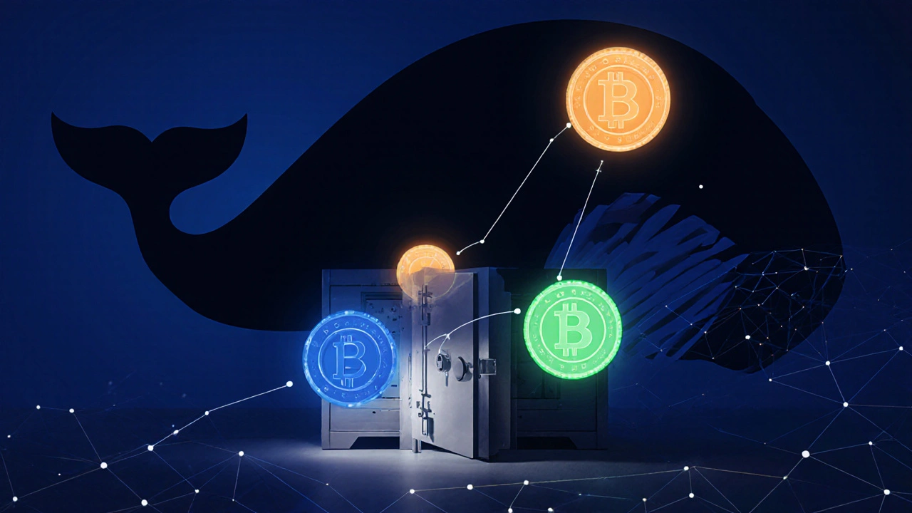 Three glowing token orbs above a vault, shadowed by a large whale silhouette.