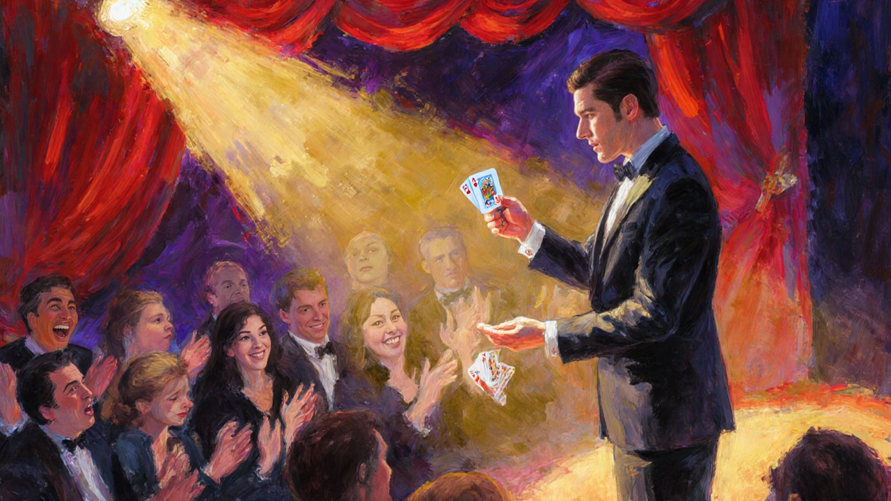 A confident performer on stage delivering a mentalism act after completing training.