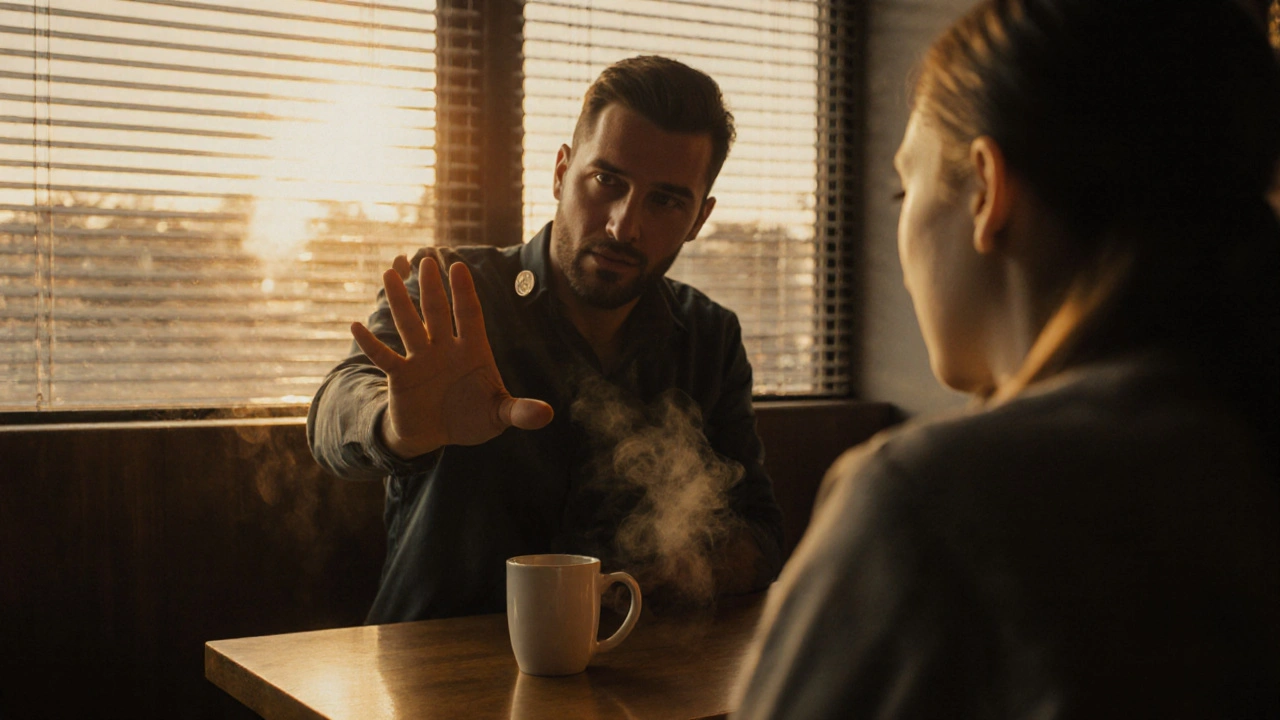 A man making a coin vanish at a coffee table while a person watches his moving hand.