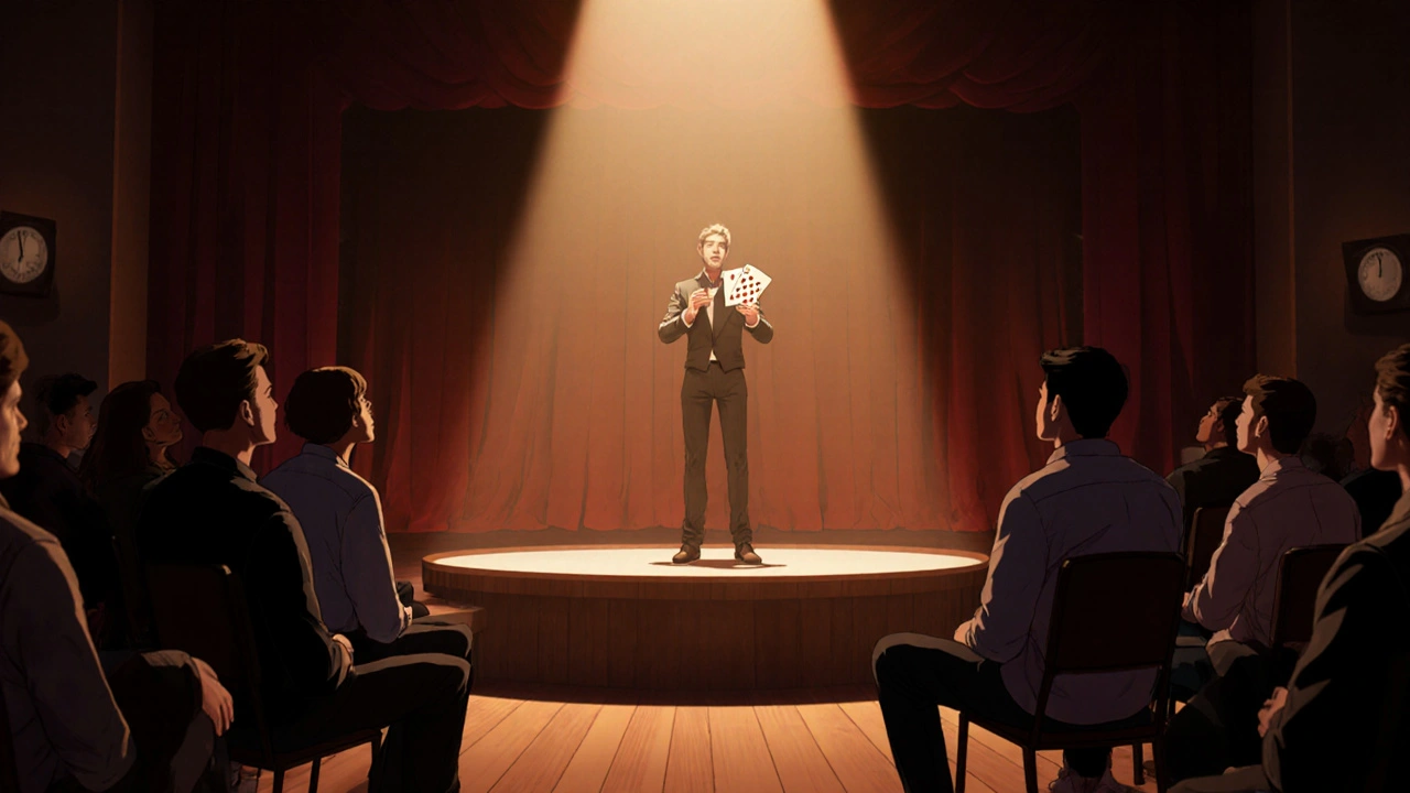 A mentalist performing a book test in a live workshop with an engaged audience.