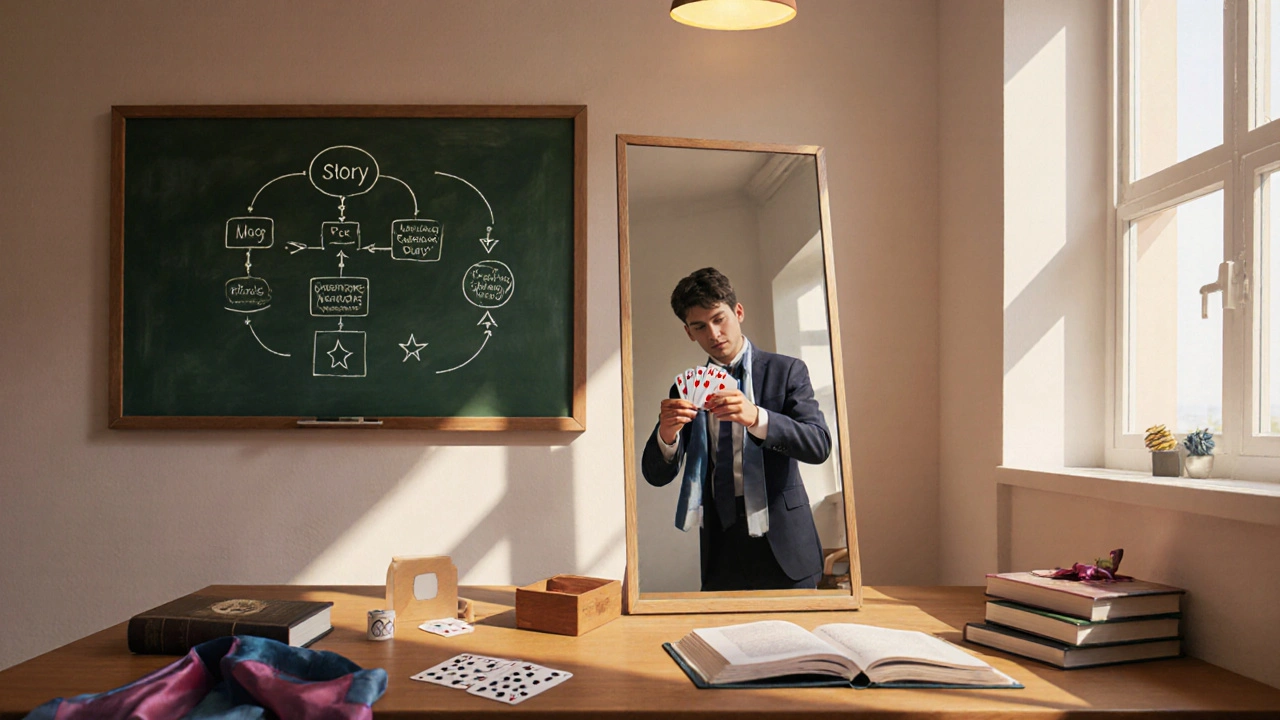 Apprentice practicing card tricks in a workshop with mirror, props, books, and a chalkboard flowchart.