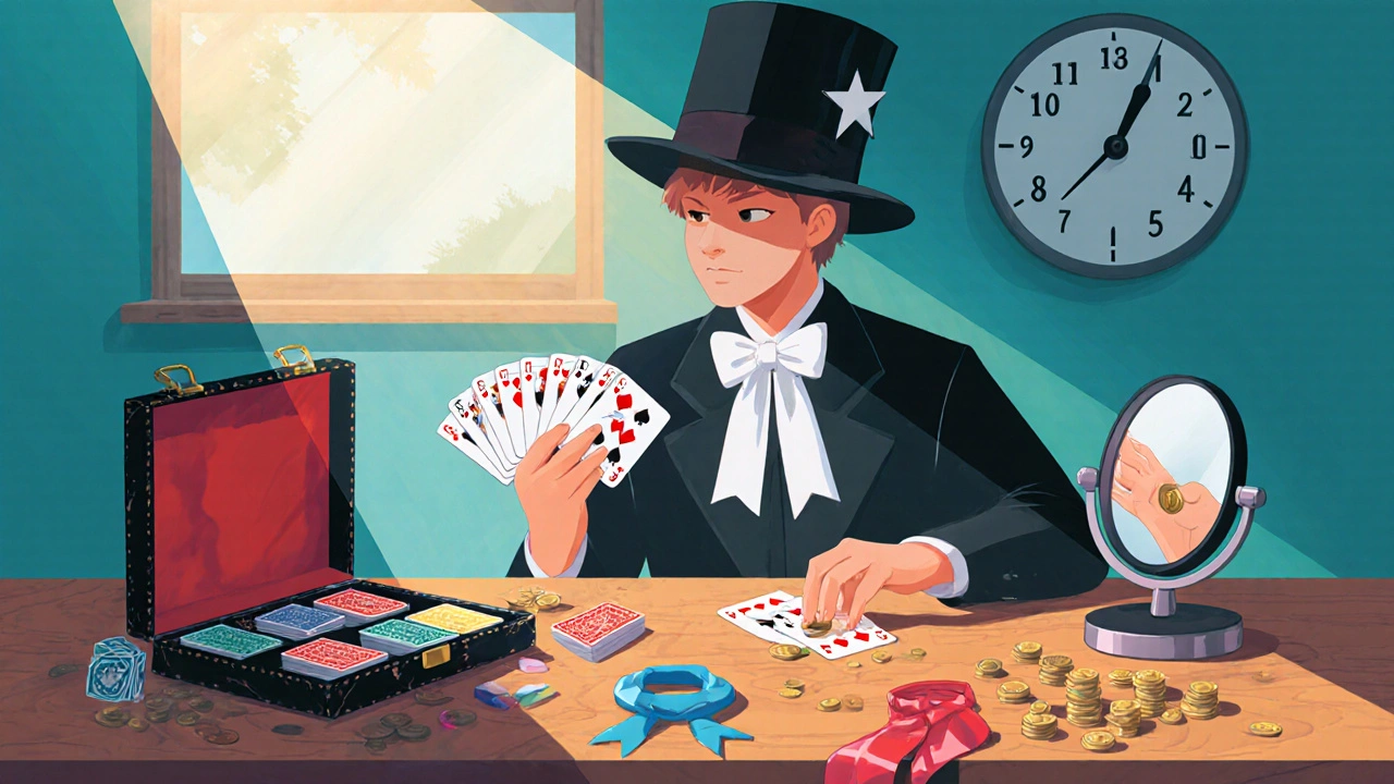Beginner magician practices card fans and coin lifts at a table with an open magic kit.