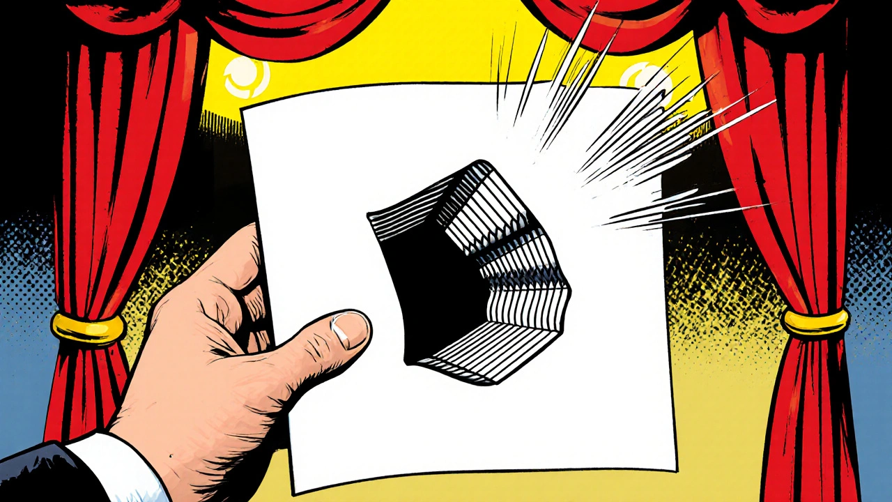 Close‑up of hidden paper tunnel creating a square hole in a sheet, comic‑book style.