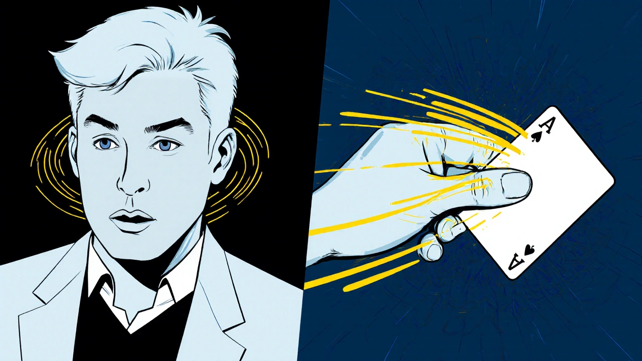 Comic‑style split scene showing cold reading, misdirection card swap, and NLP cues.