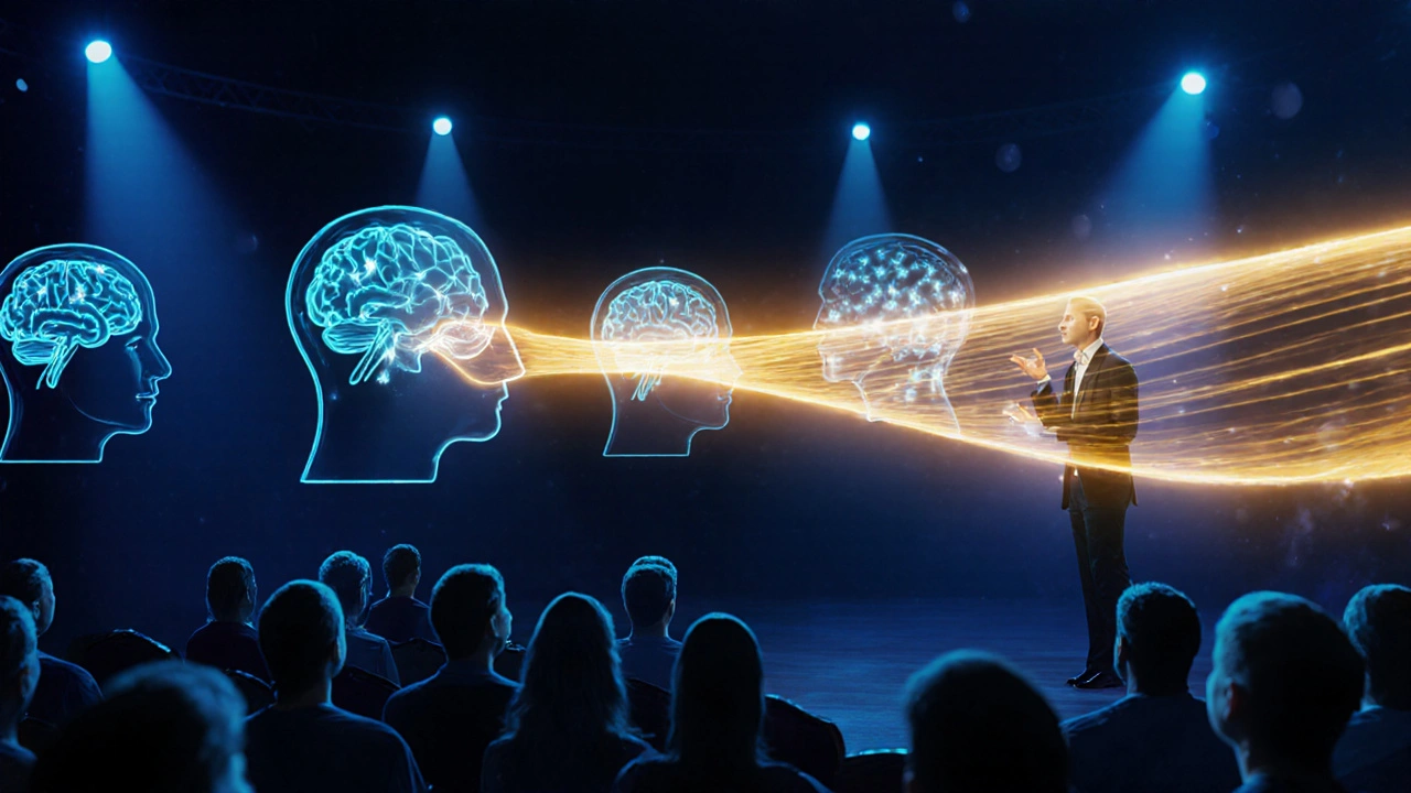 Digital art showing a gratitude wave triggering oxytocin in audience brains.