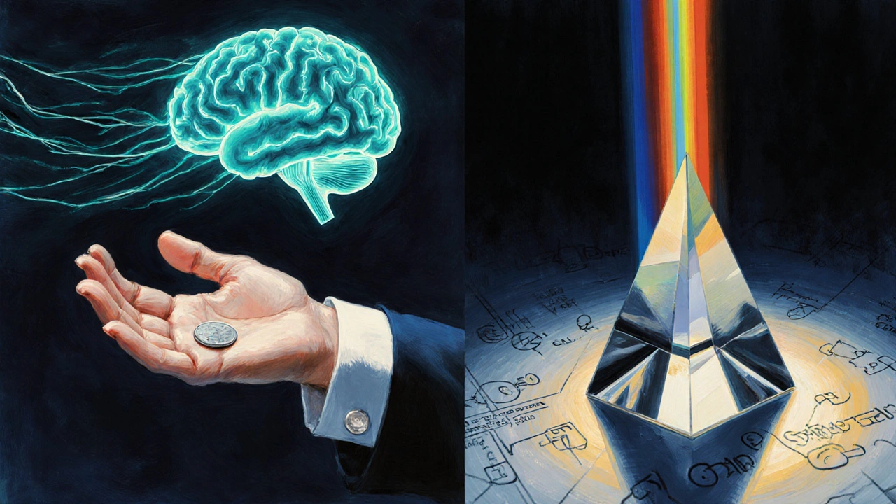 Hand palming a coin beside a brain silhouette and a prism refracting light, showing art and science.