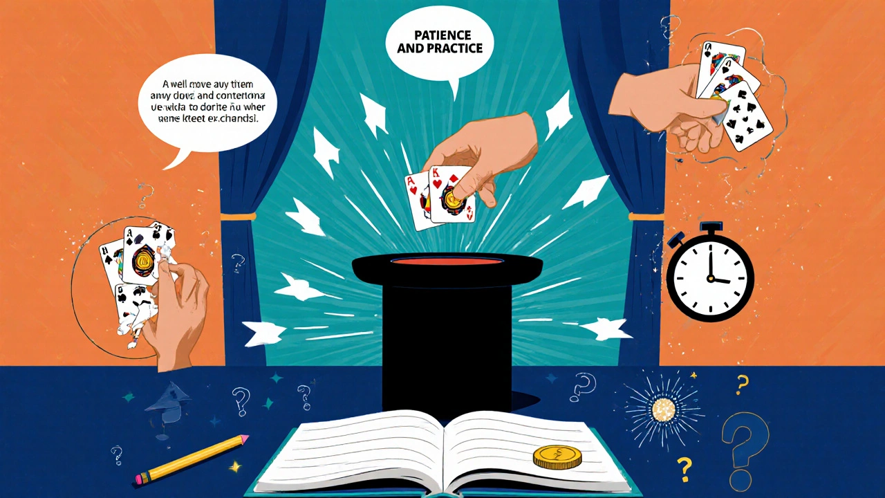 Illustration of five educational magic pillars surrounding a magic table with cards, coin, storybook, and notebook.