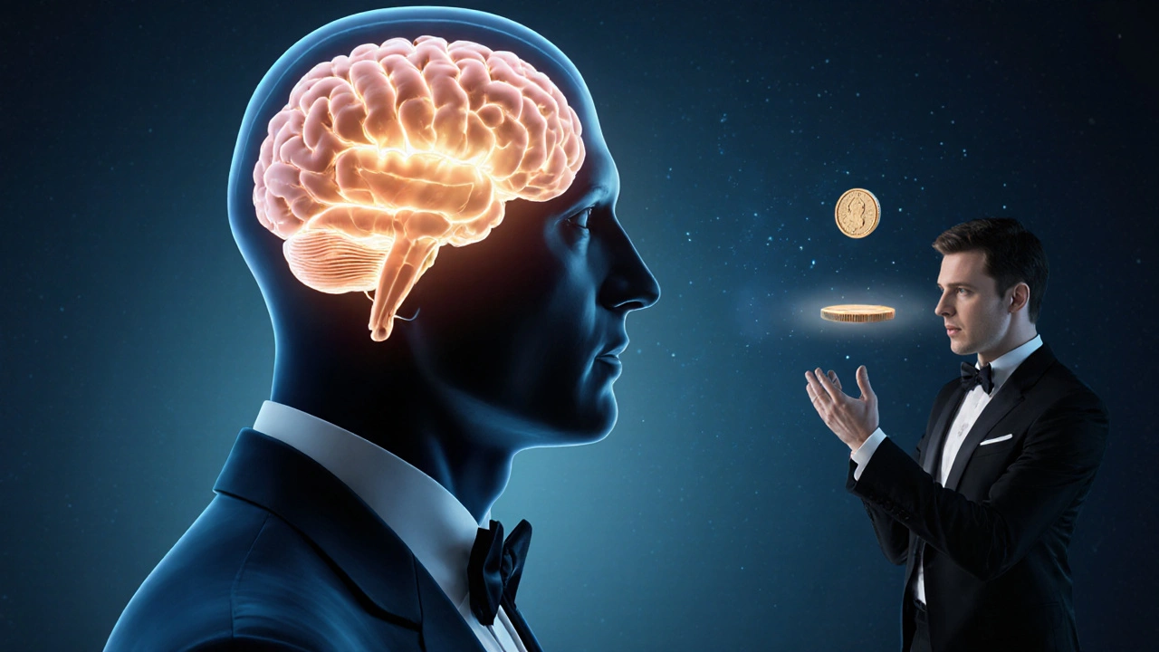 Magician performing a coin vanish beside a highlighted brain diagram.