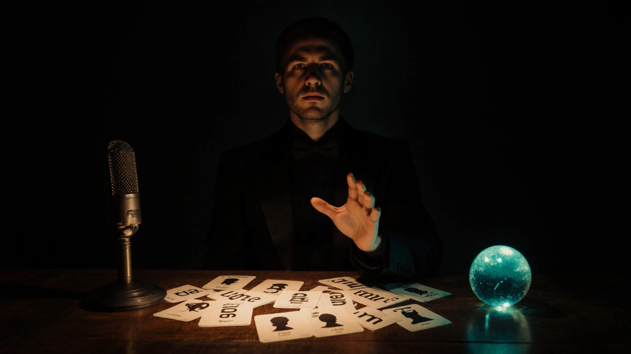 Magician rehearsing at a table with glowing word cards, crystal ball, and soft studio lighting.