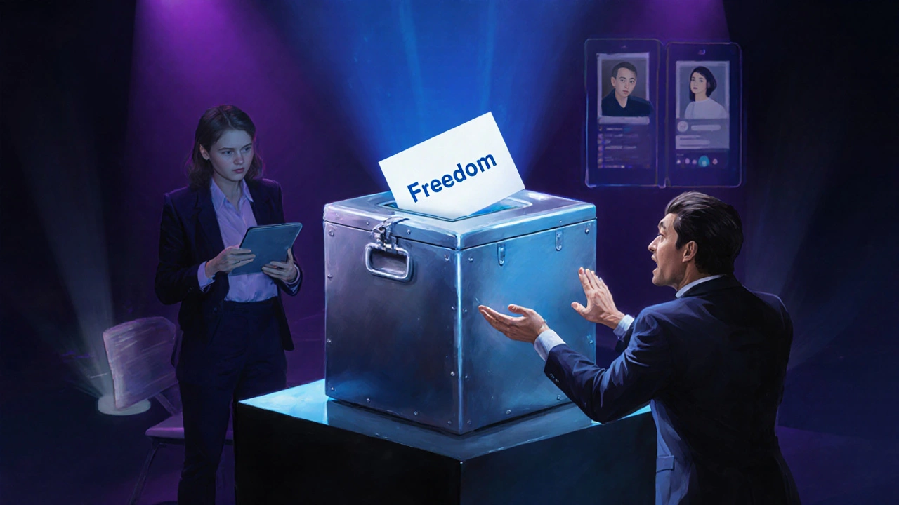 Opened metal box revealing a card that says "Freedom" with a surprised volunteer.