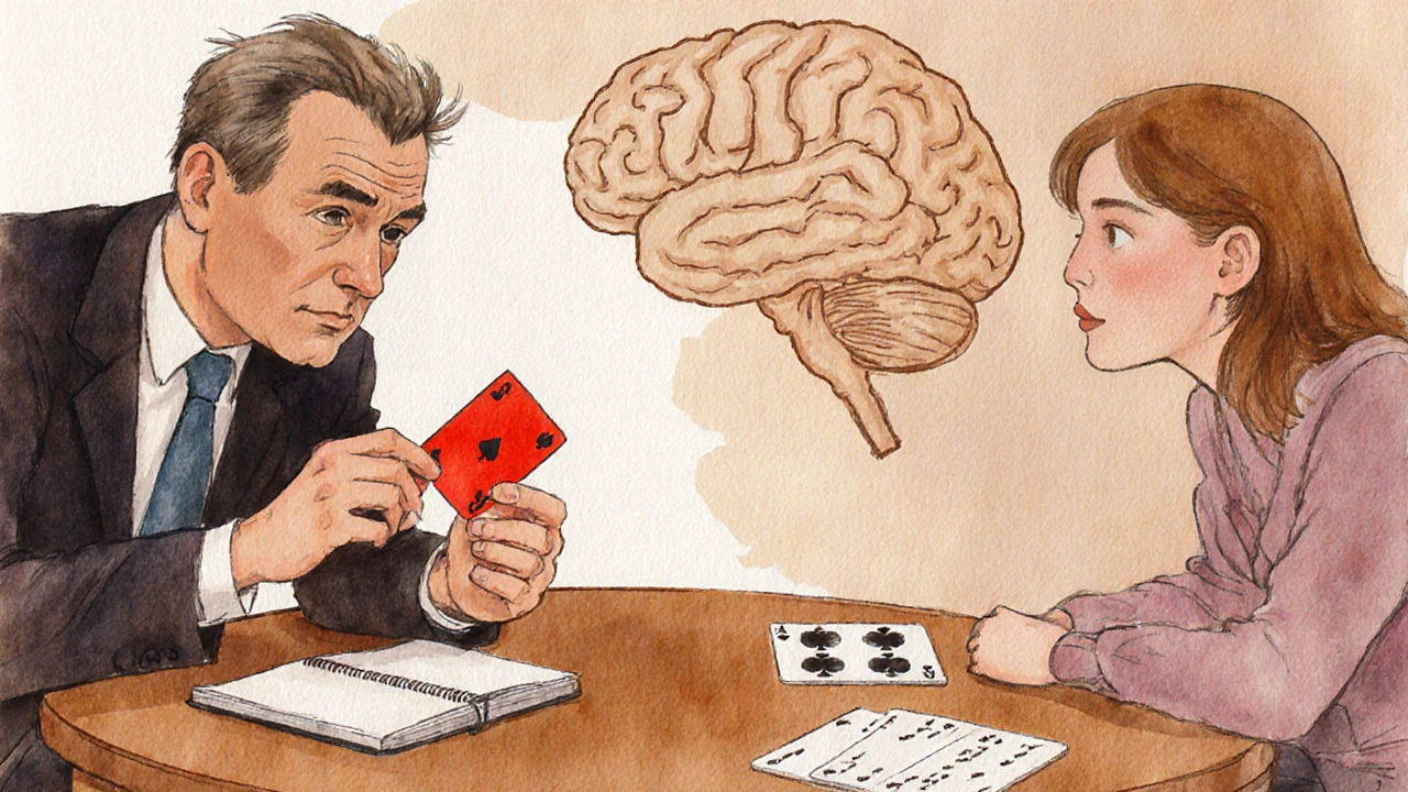 Oz using a red card to suggest thoughts during a close‑up reading.