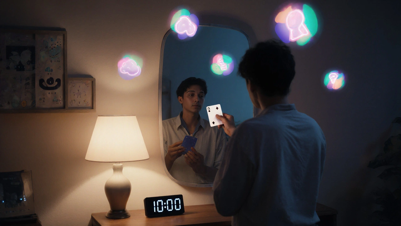 Practitioner rehearsing a card trick with a timer and floating mental icons.