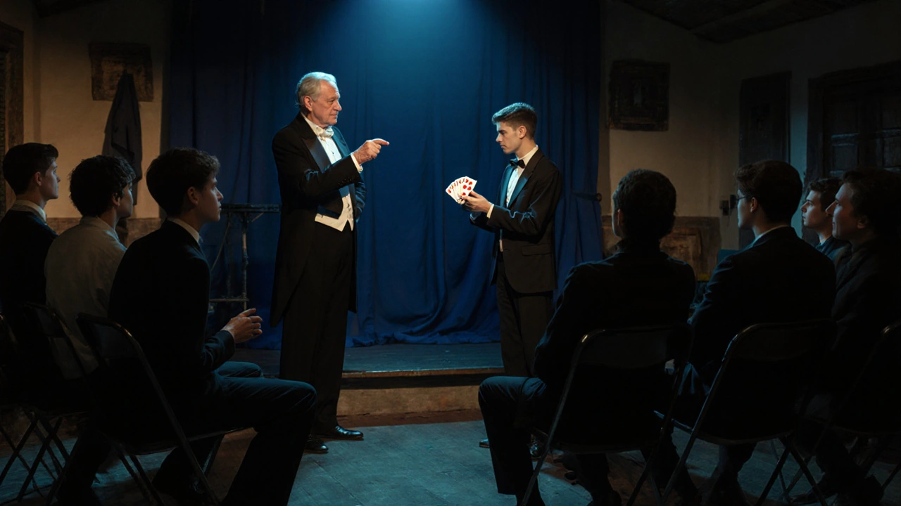 Small magic society meeting with mentor guiding a performer on stage under spotlight.