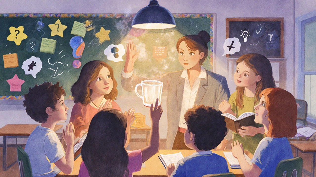 Teacher and middle‑school students reflect after a magic trick, sharing ideas around a glowing lamp.