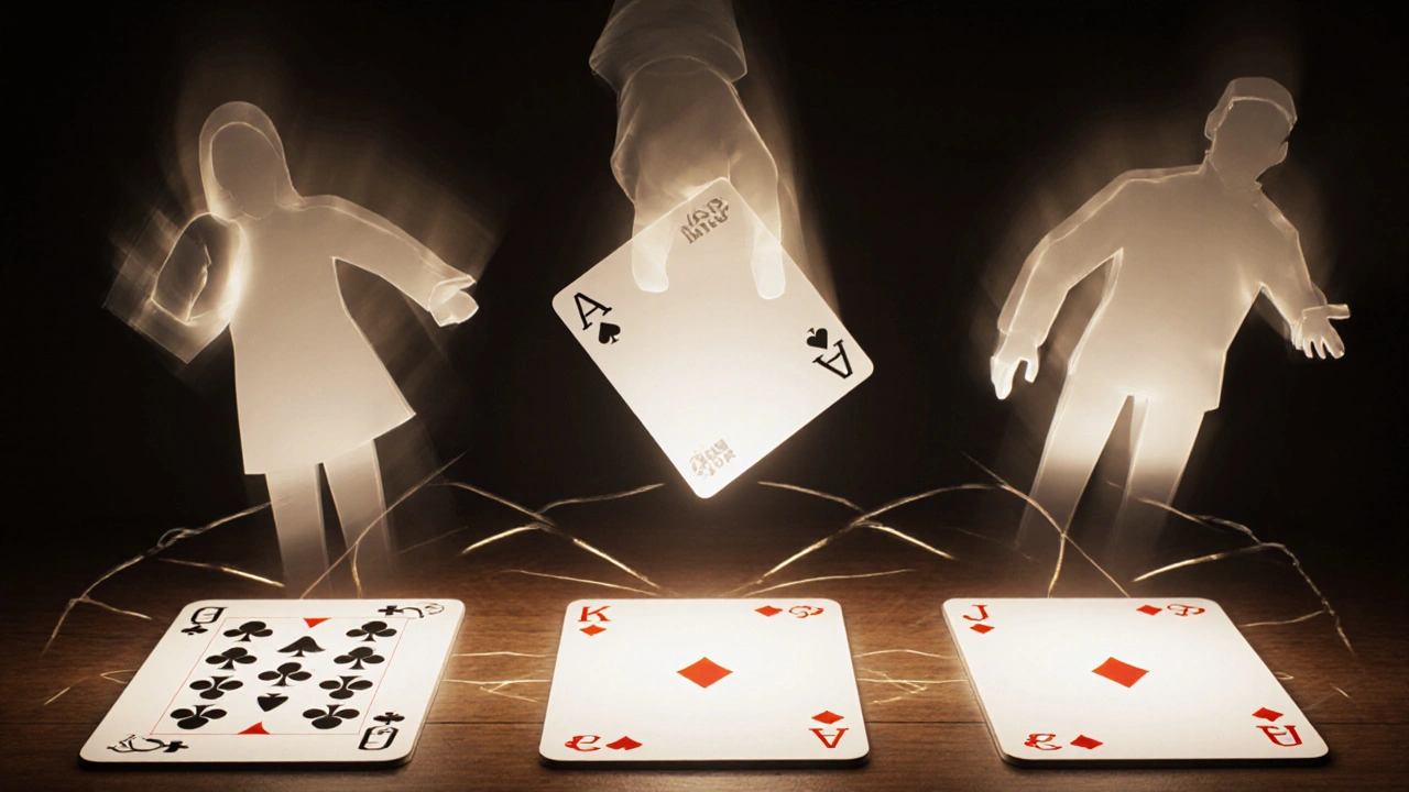 Three classic magic tricks represented as ghostly silhouettes above a deck of cards.