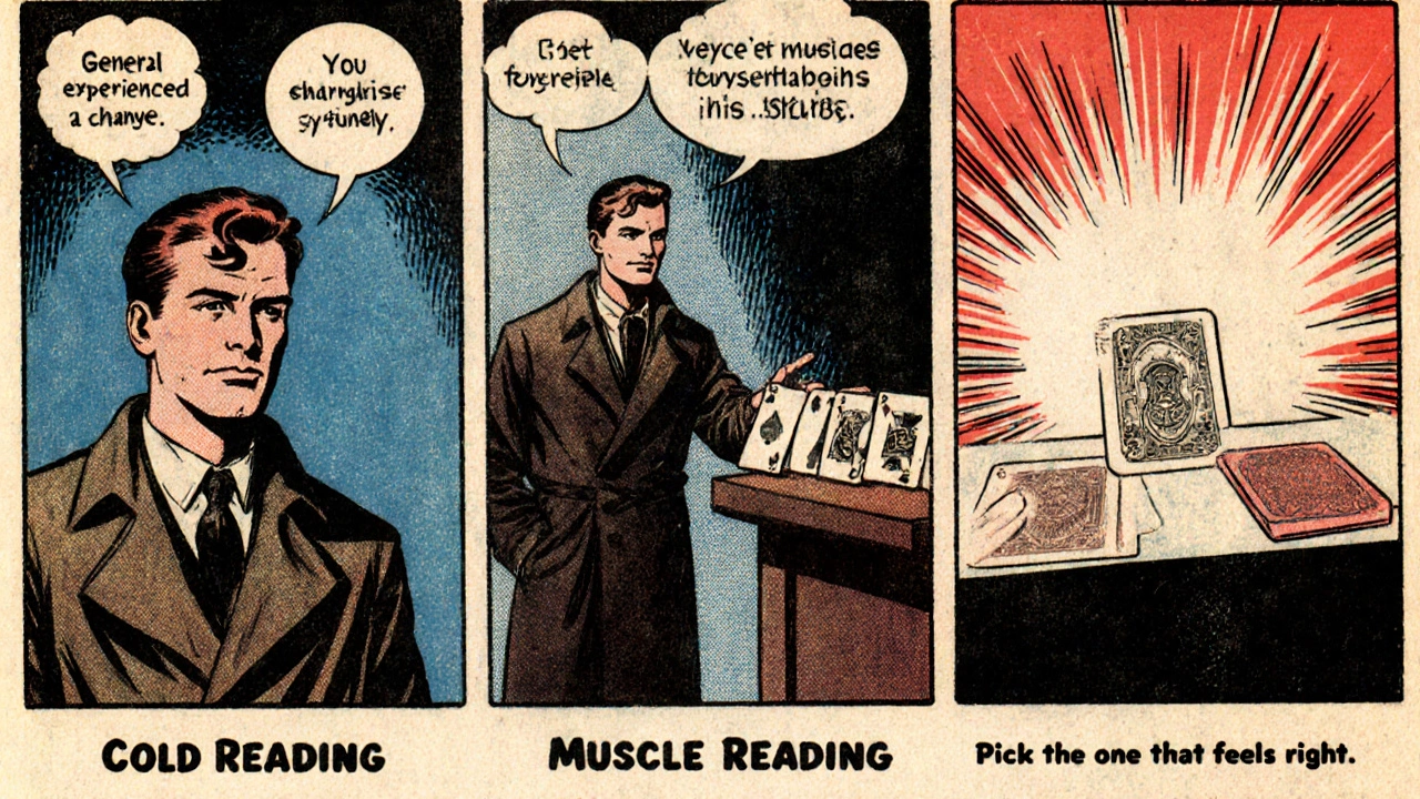 Three-panel comic illustrating cold reading, muscle reading, and psychological forcing.