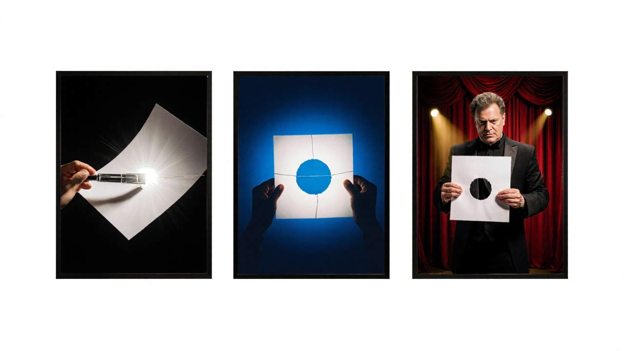 Three scenes: razor cut hole, invisible thread tear, and magician bowing with paper showing three holes.