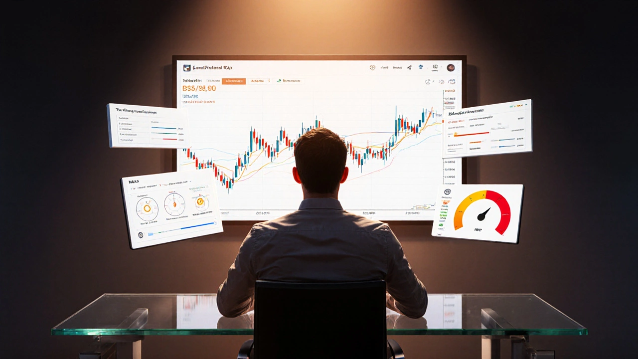 Trader at a glass desk monitoring leverage, margin, and liquidation warnings on floating screens.