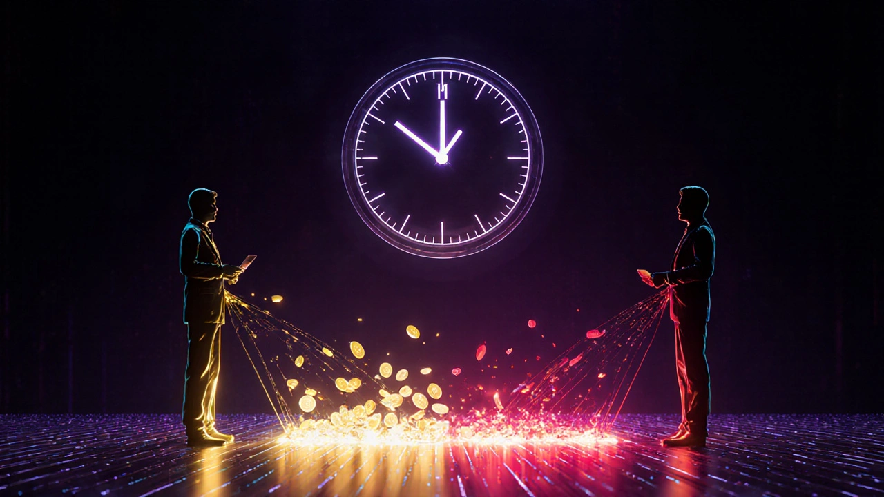 Two traders exchanging glowing digital tokens under an 8‑hour hologram funding clock.
