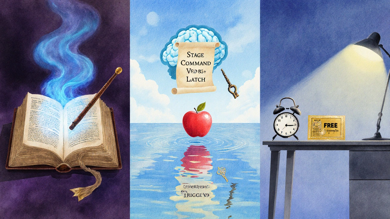 Watercolor collage depicting four magic‑word categories with symbolic objects and mist.