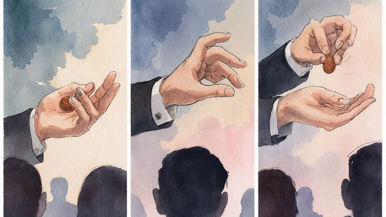 Watercolor three‑step coin vanish ending with a thank you smile.