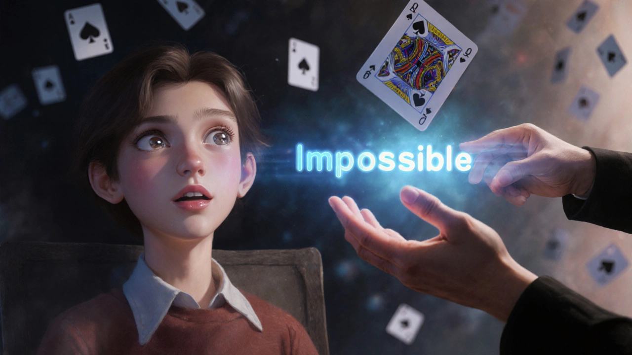 A card appears in midair before a stunned person, the word &#039;Impossible&#039; glowing faintly in the air.