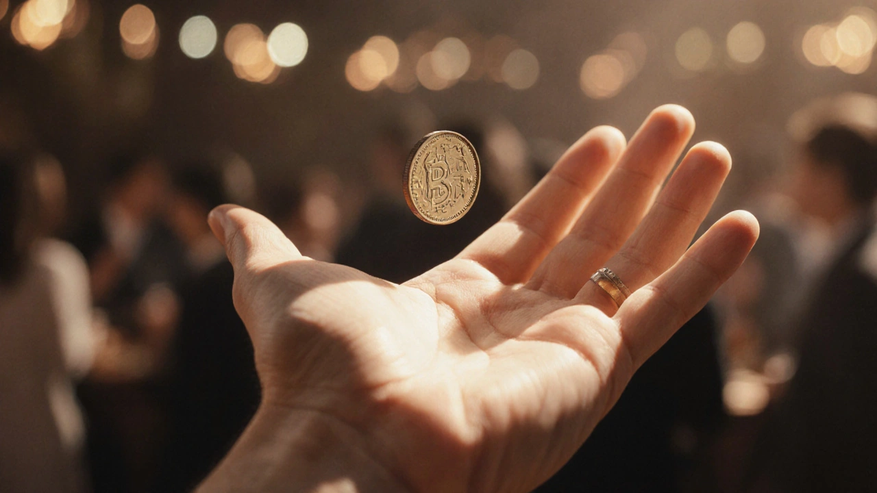 A coin appears to vanish from an open palm as onlookers stare in disbelief.