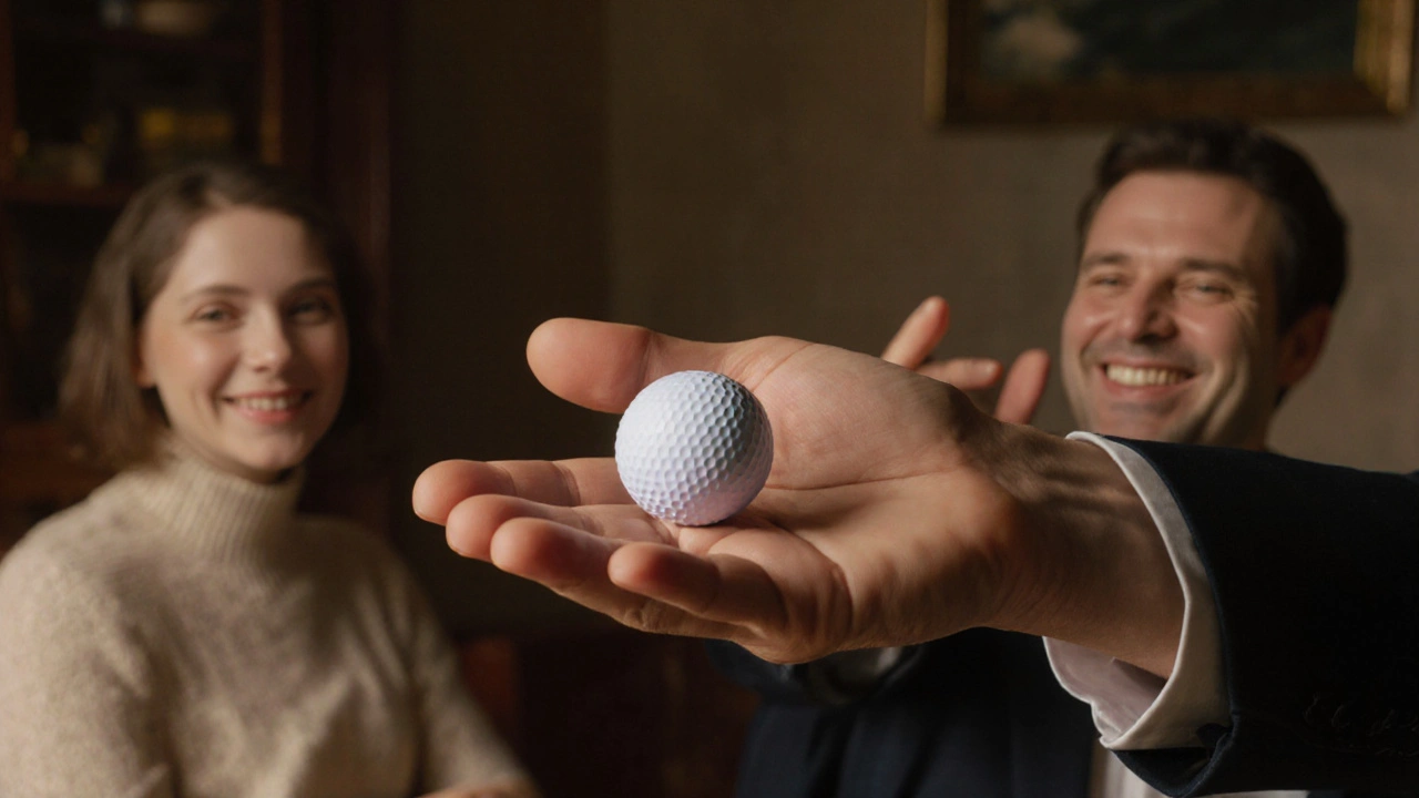 A hand secretly palming a ball, fingers relaxed, while someone nearby smiles and talks, unaware.