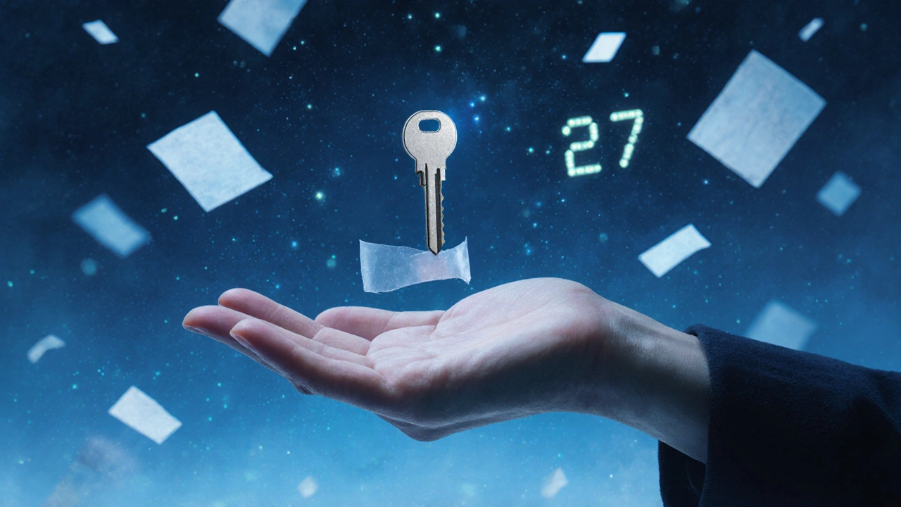 A key floats mysteriously near a hand, with paper scraps and the number 27 glowing softly in the air.