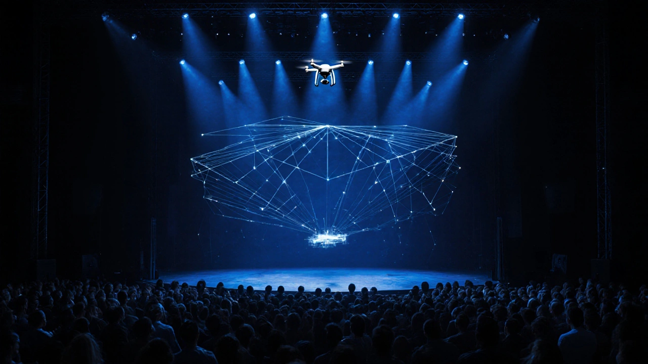 A levitation illusion on stage with hidden wires and a drone mapping audience view angles.