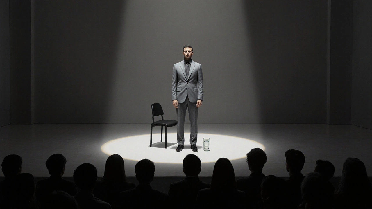 A lone performer stands perfectly still on an empty stage under a spotlight, facing an unseen audience.