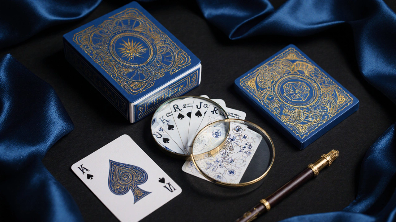 A magic trick kit with custom jokers showing hidden symbols beside a standard card deck.