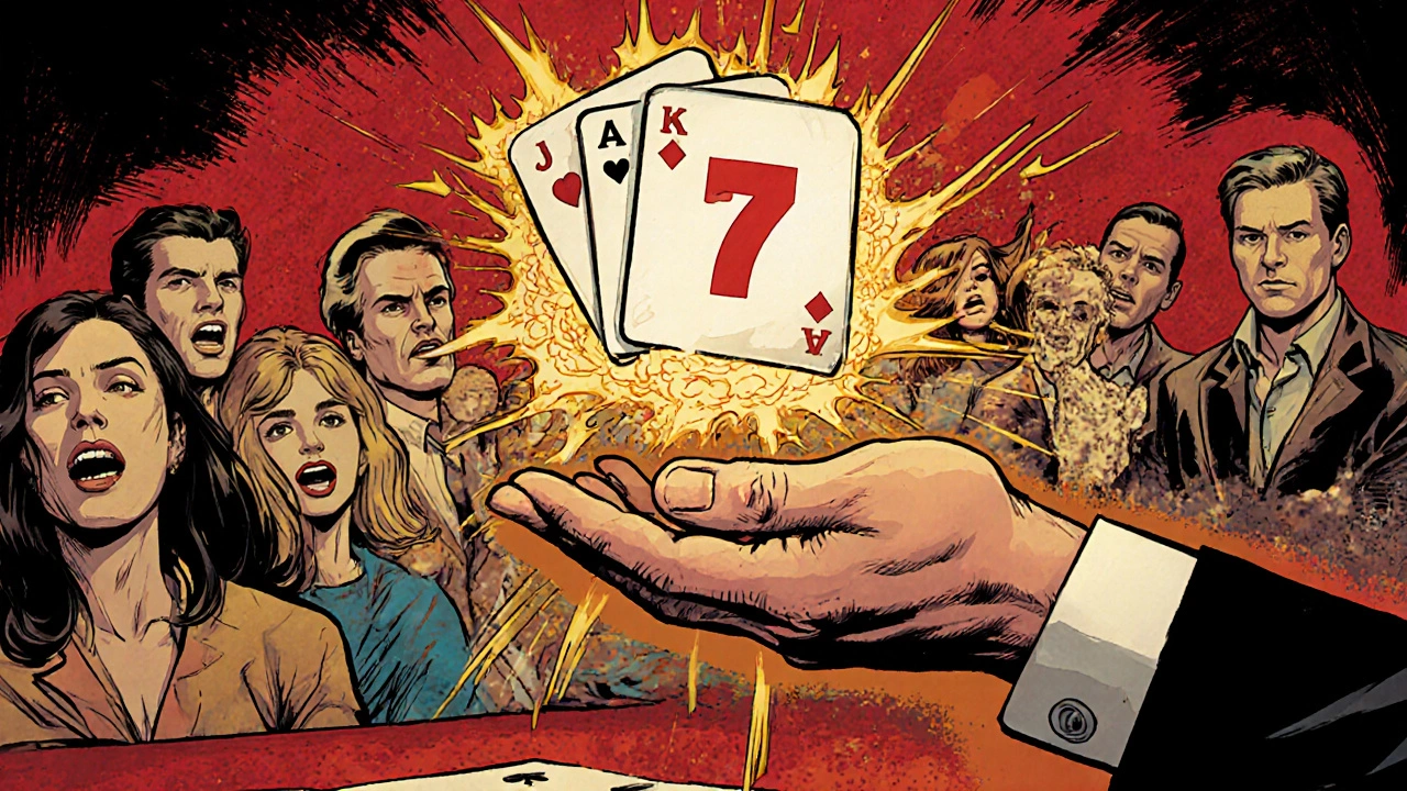 A magician flipping a Jack of Diamonds that transforms into another card mid-air during a magic show.