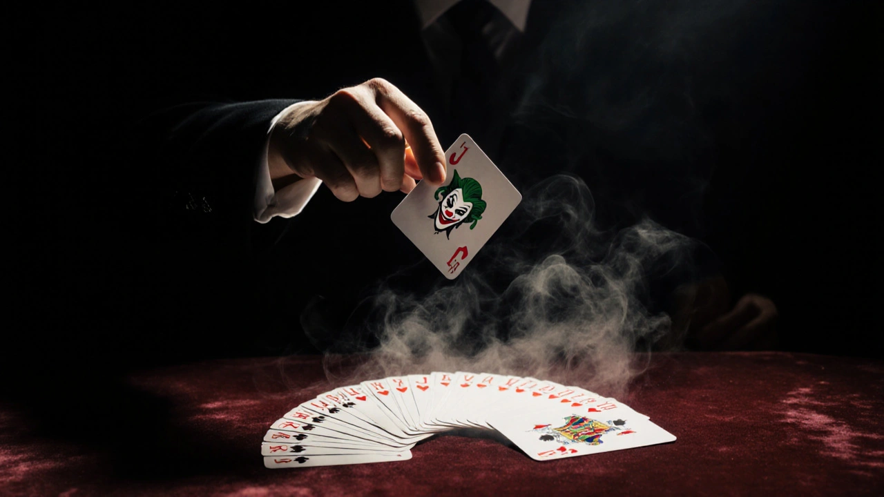 A magician holding a joker above a fan of 52 standard playing cards during a performance.