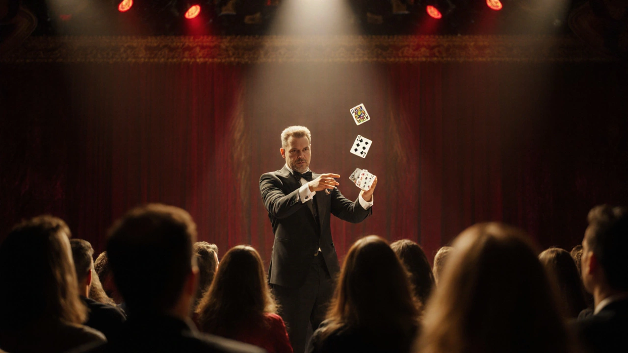 A magician on stage with cards floating around them under dramatic lights.