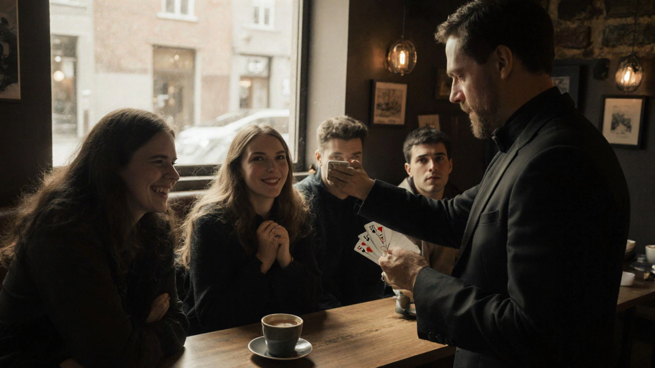 A magician performs a card trick in a coffee shop, surprising a group of bystanders.