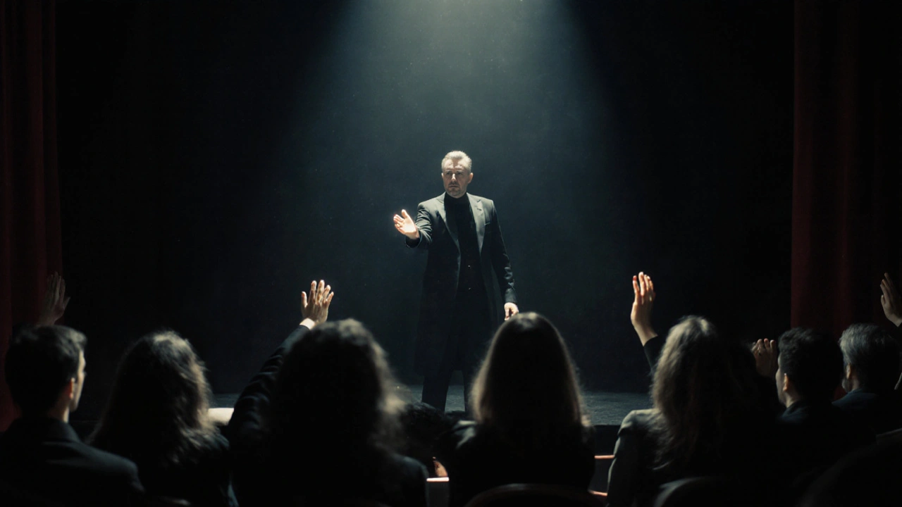 A magician under a spotlight on stage, one audience member visibly awestruck in the dark.