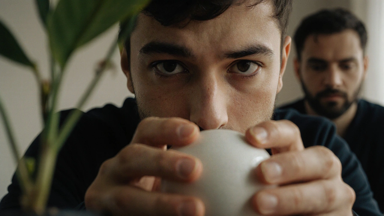 A person&#039;s eyes shift toward a plant while hiding a ball, their expression tense under soft lighting.