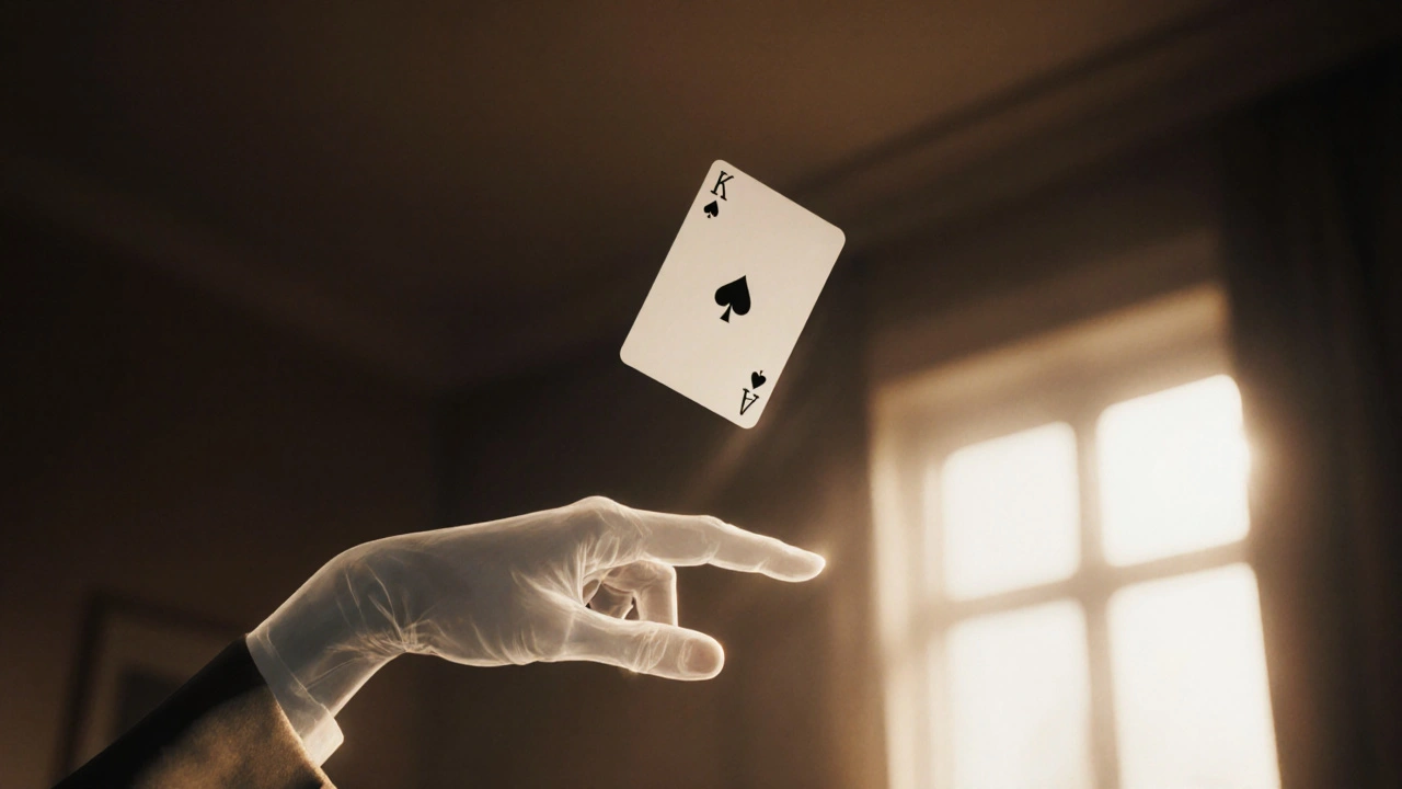 A playing card floating in midair with a faint outline of a finger beneath it, bathed in soft ambient light.