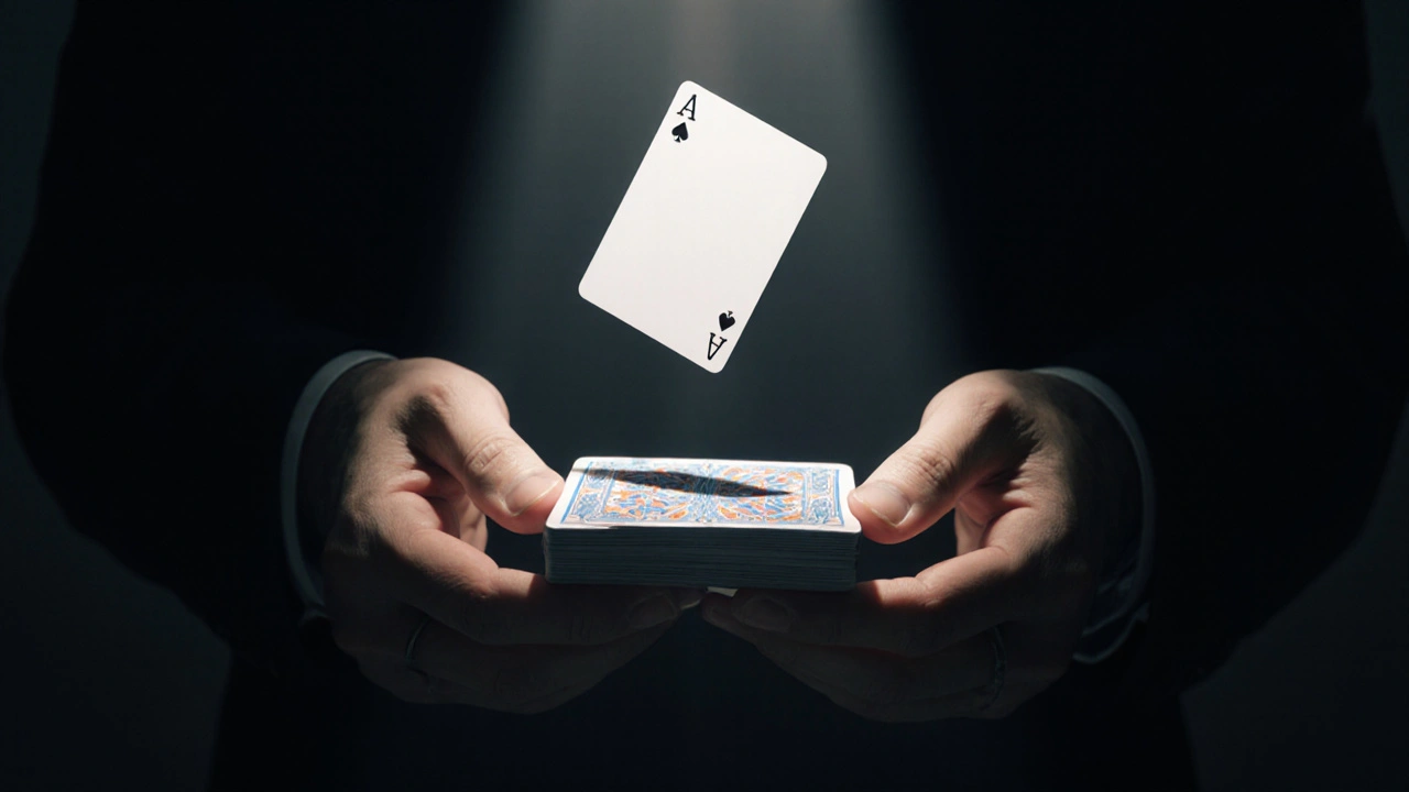 A playing card rising mysteriously from a deck, held by unseen hands.