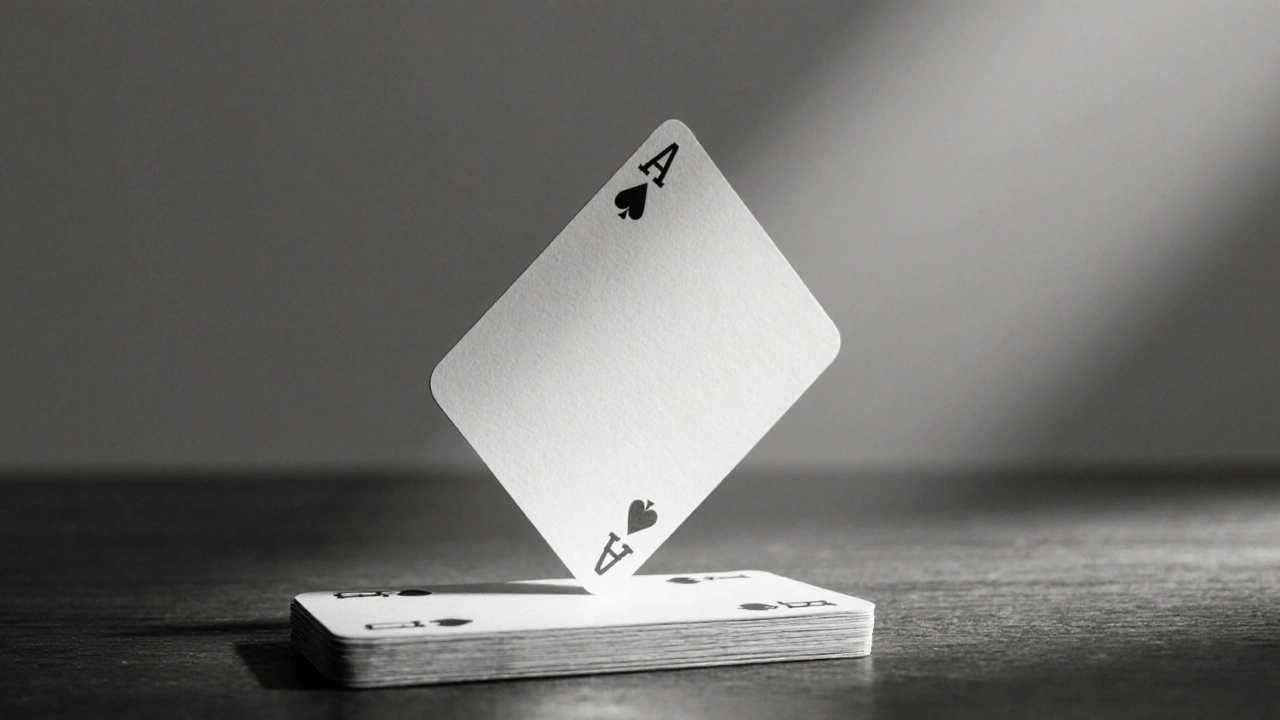 A single deck of cards with one card slightly lifted, illuminated by a single ray of light on a wooden table.
