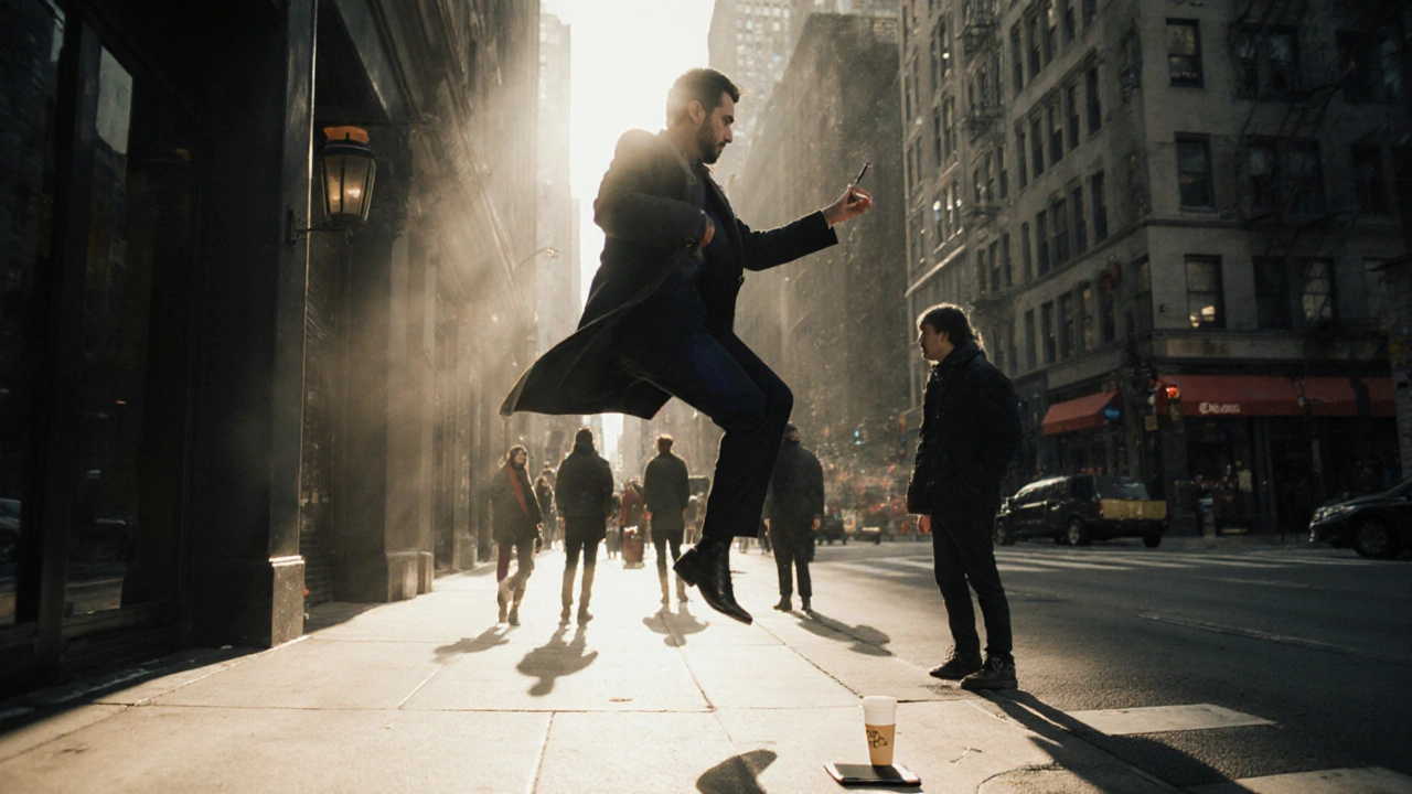 A street magician floating above a city sidewalk as bystanders watch in astonishment.