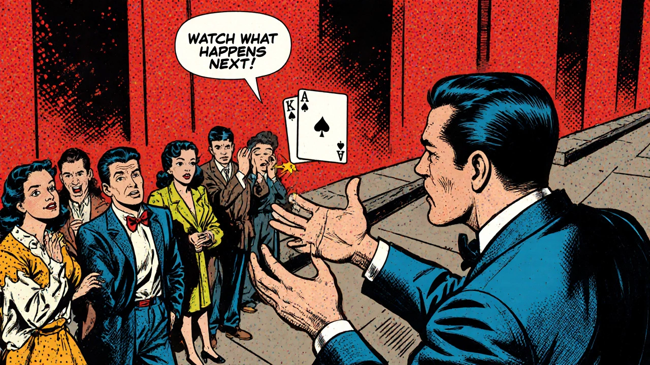 A vintage comic book scene of a magician making a card float while a crowd watches in amazement on a city street.