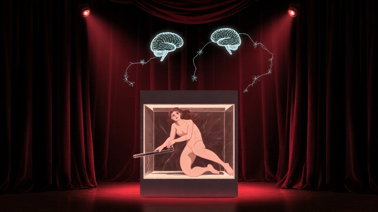 A woman inside a sawing illusion box, her body hidden in a compartment as the blade passes between sections.