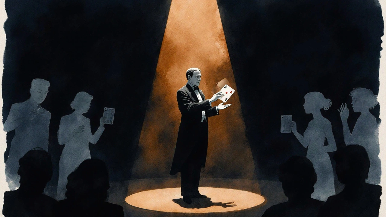 An artist&#039;s illustration of a magician in a dim stage, a ghostly card hovering between top and bottom of the deck.